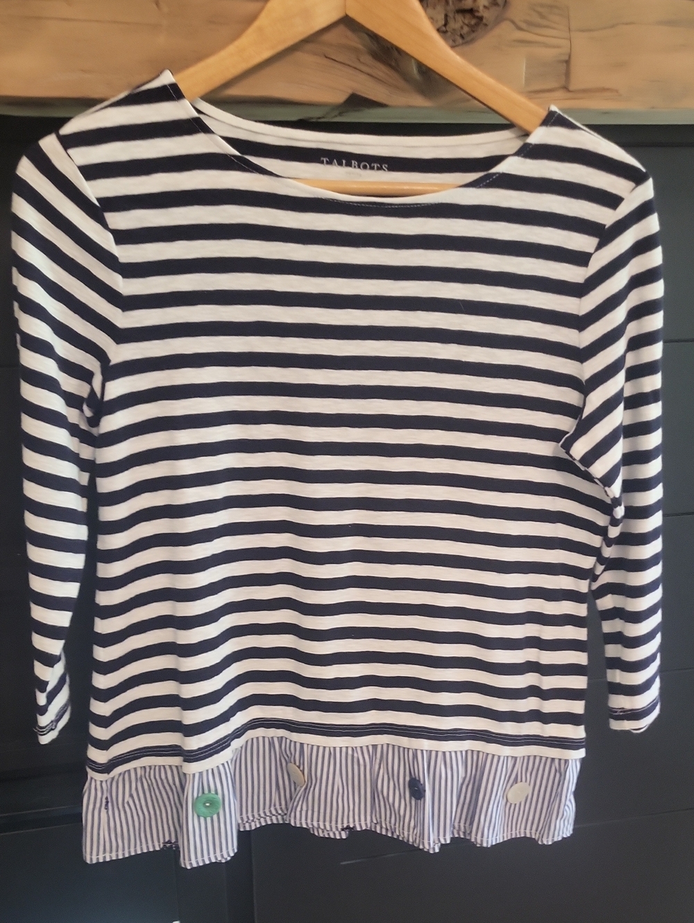 Talbots Navy and White Striped Boatneck Top with Buttoned Ruffle Hem
